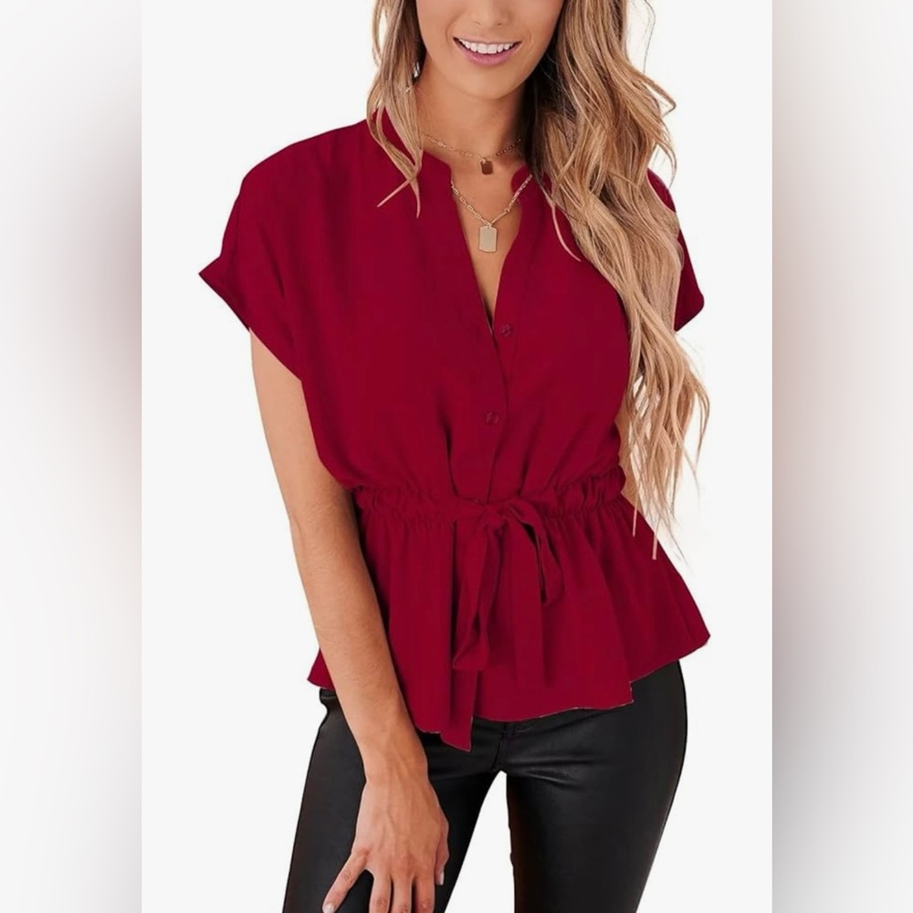 NEW CiCiBird Button Down Casual Peplum Top - Deep Red /maroon - size M